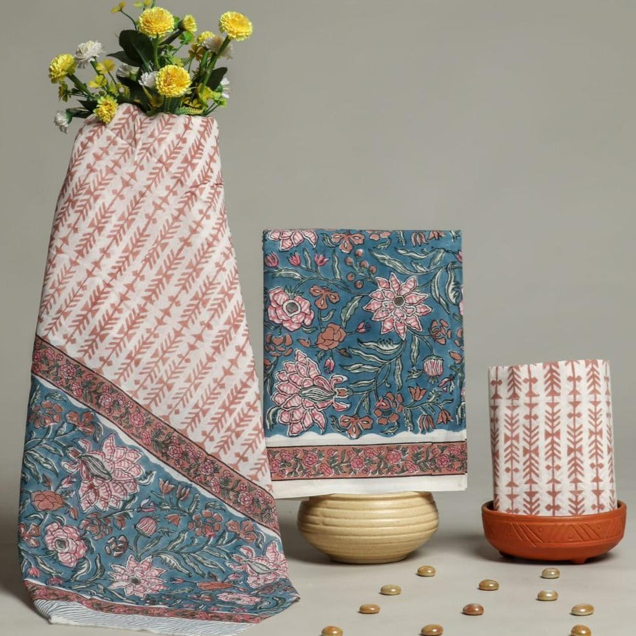 Shop block printed cotton suits with mulmul dupatta (COT44)