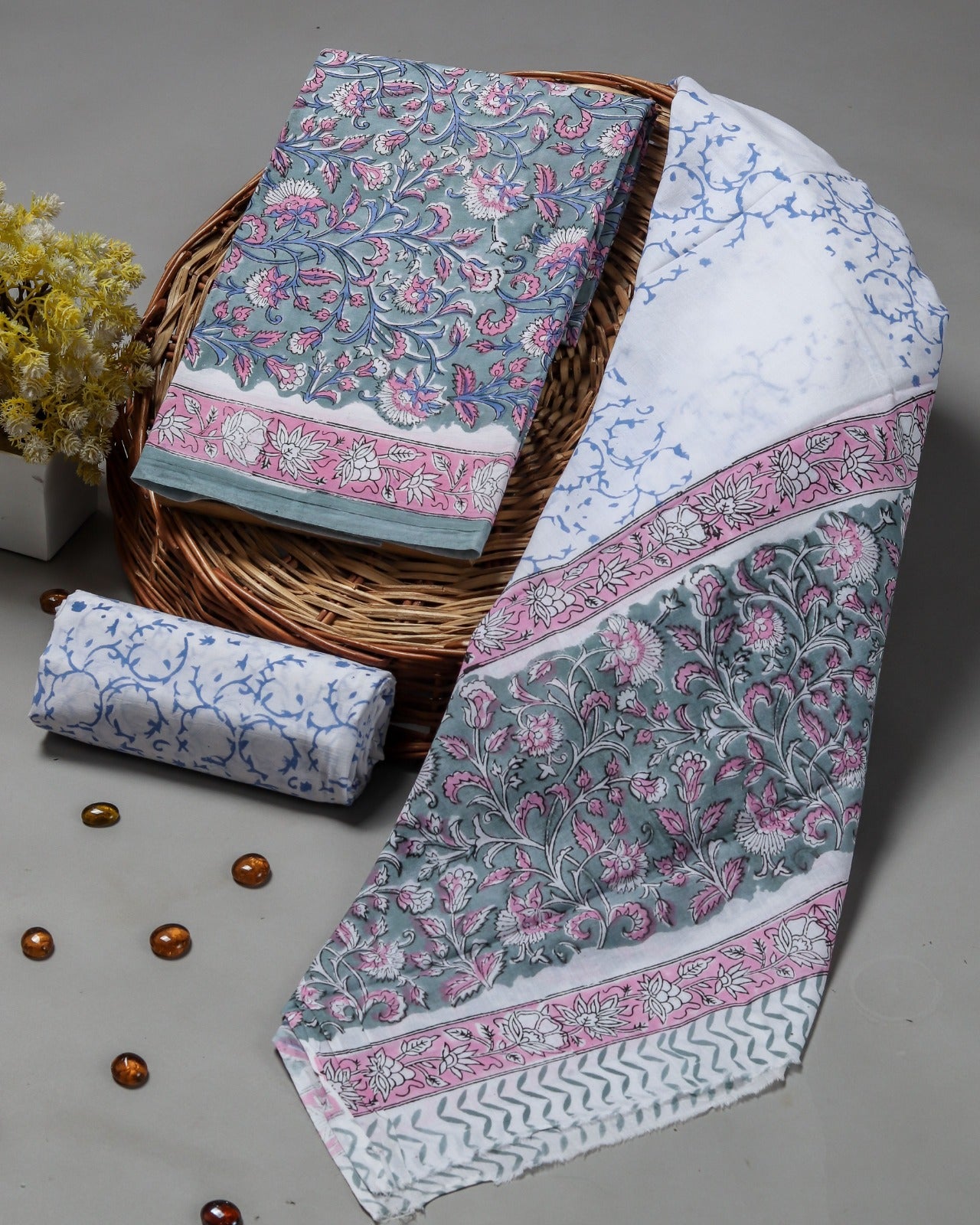 Shop unstitched block print cotton suits with mulmul dupatta (COT51)