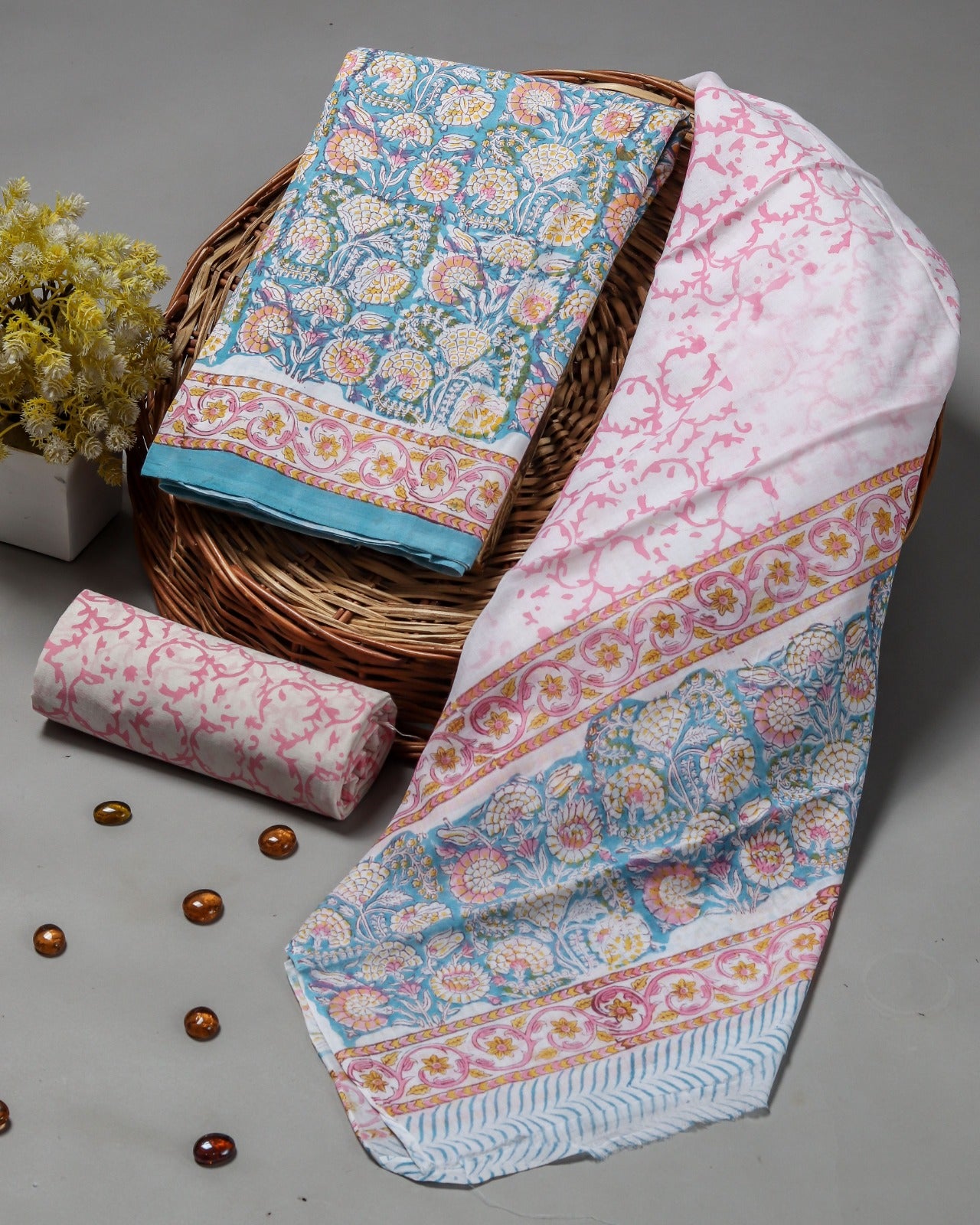 Shop hand block printed cotton suits with mulmul dupatta (COT52)