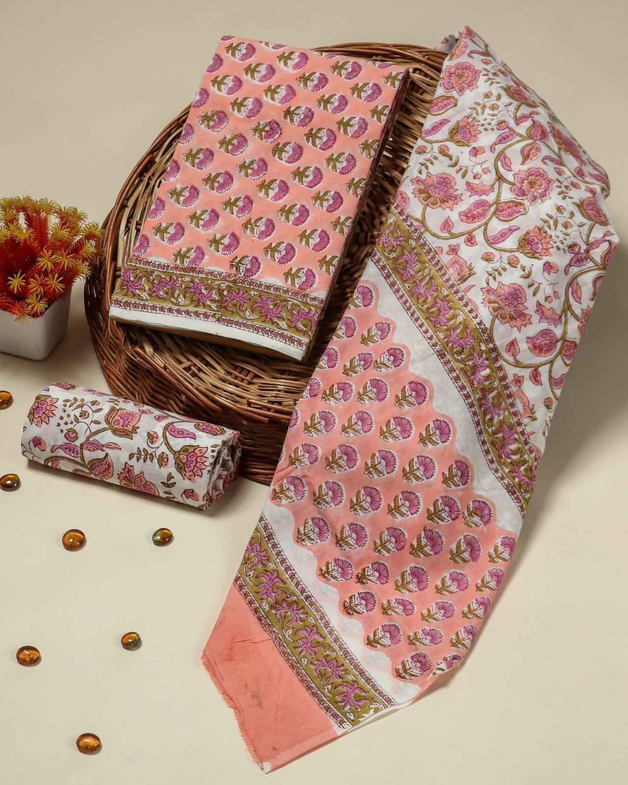 Shop block printed mulmul dupatta cotton suits (COT57)