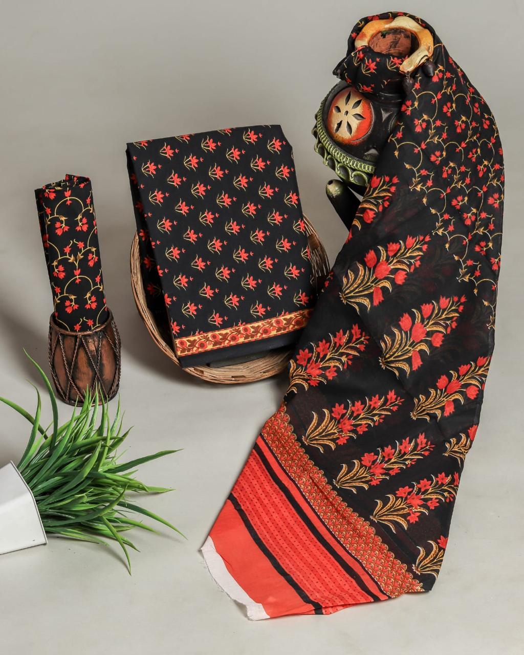 Shop unstitched cotton suits with mulmul dupatta (COT61)