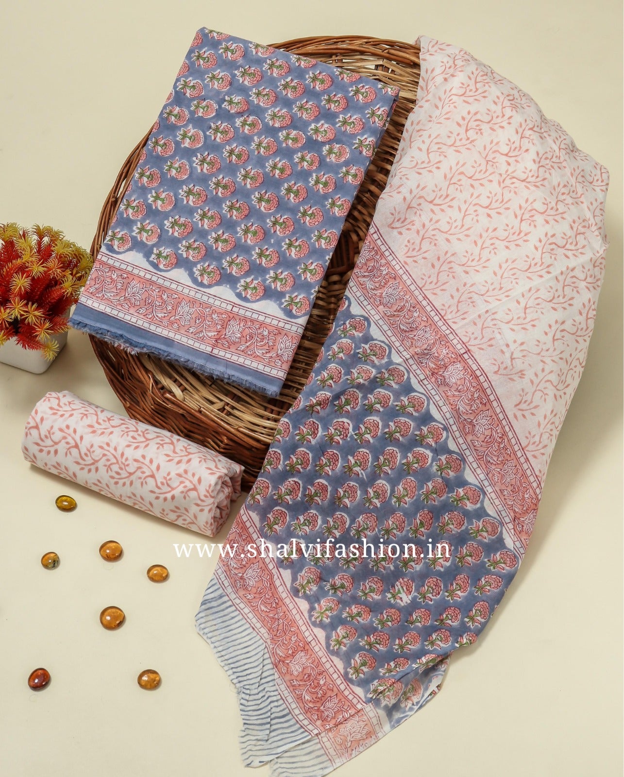 Shop hand block printed cotton suits with mulmul dupatta in jaipur (COT65)