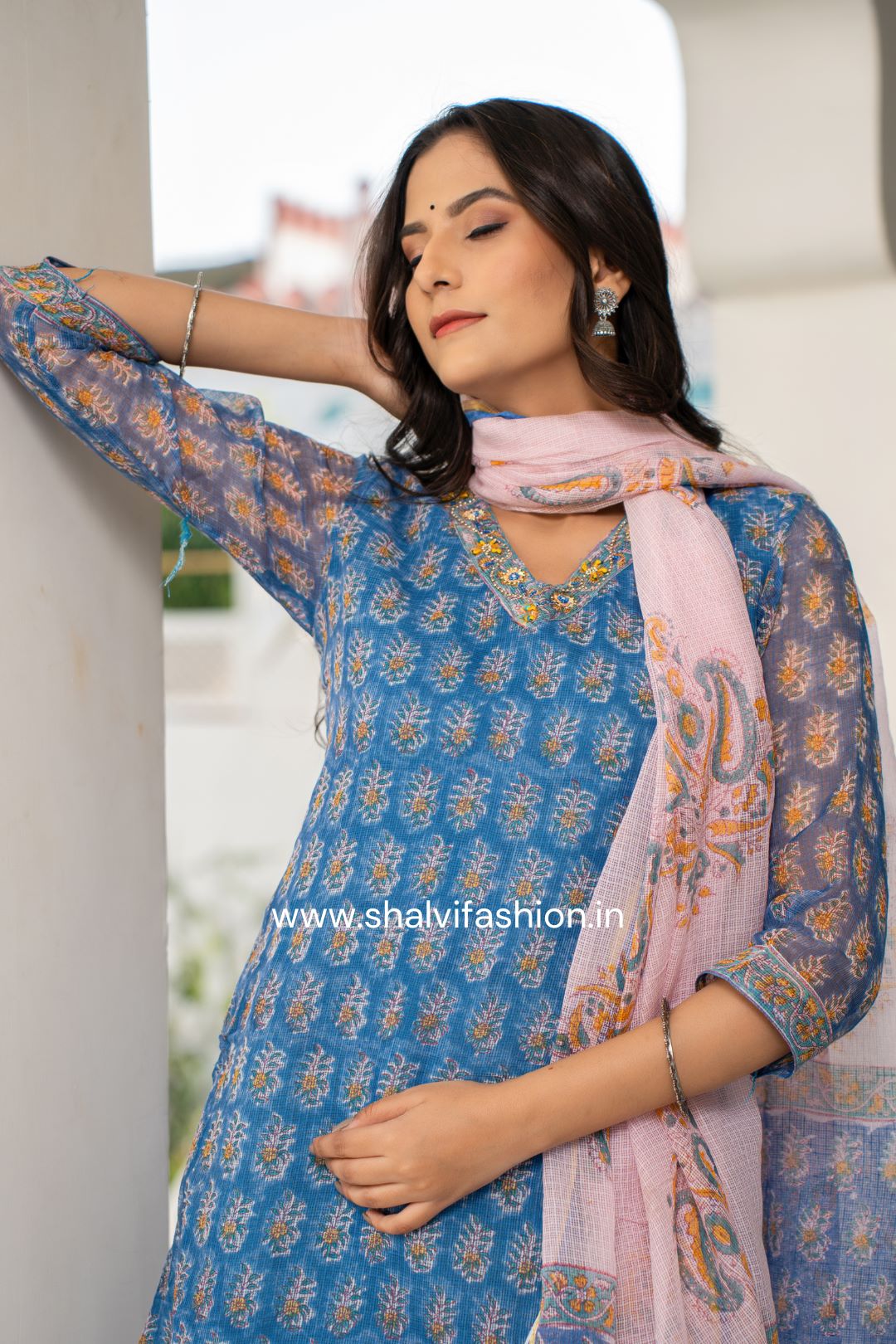 Shop blue buti print kota doria suit sets online (CSS107)