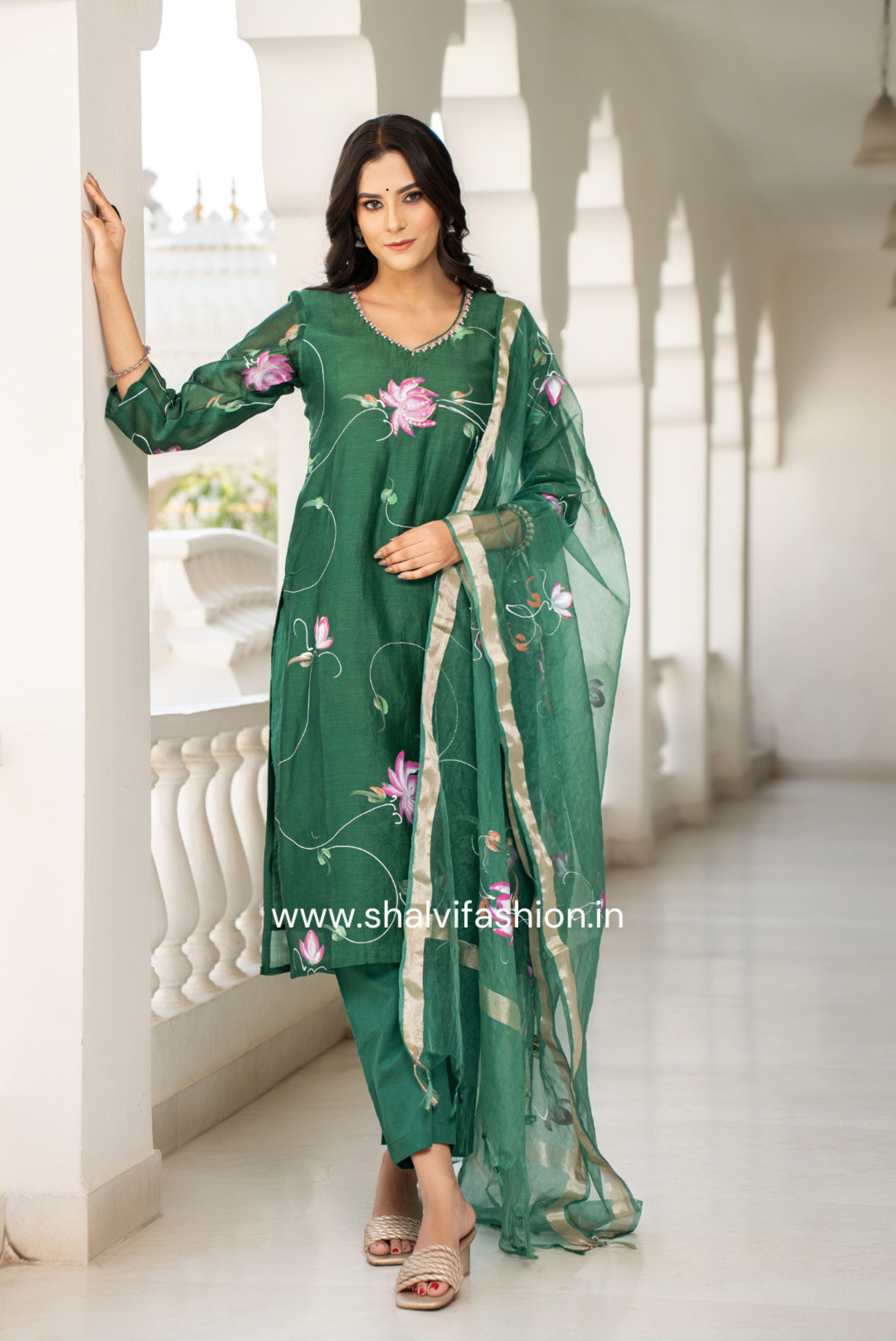 Shop hand painted chanderi silk suits with oganza dupatta (CSS113)