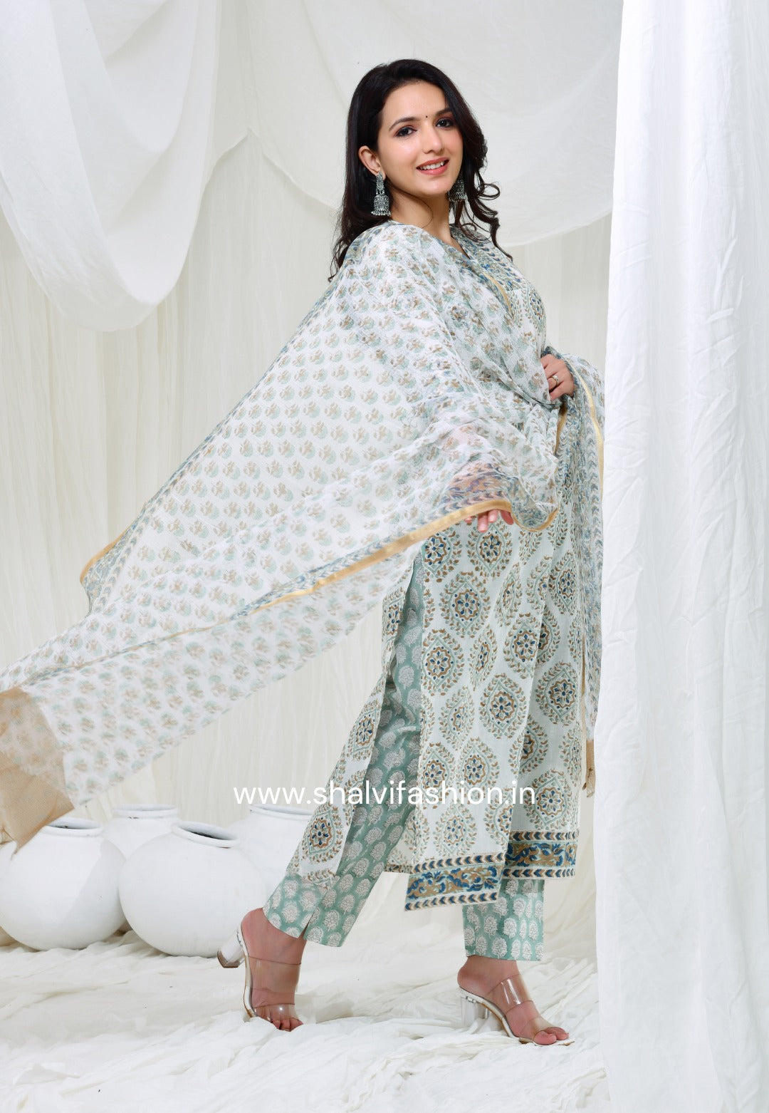 Shop block print cotton suits with kota doria dupatta (CSS119KD)