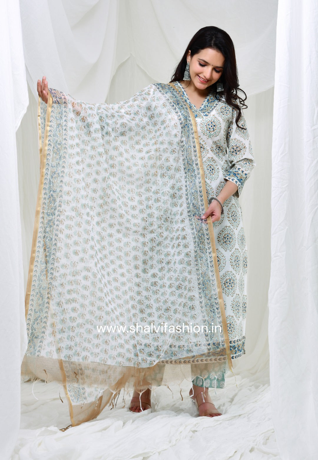 Shop block print cotton suits with kota doria dupatta (CSS119KD)