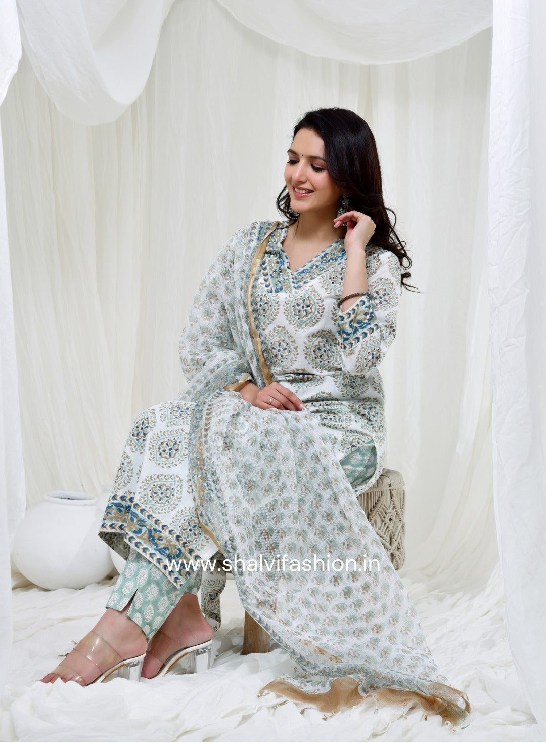 Shop block print cotton suits with kota doria dupatta (CSS119KD)