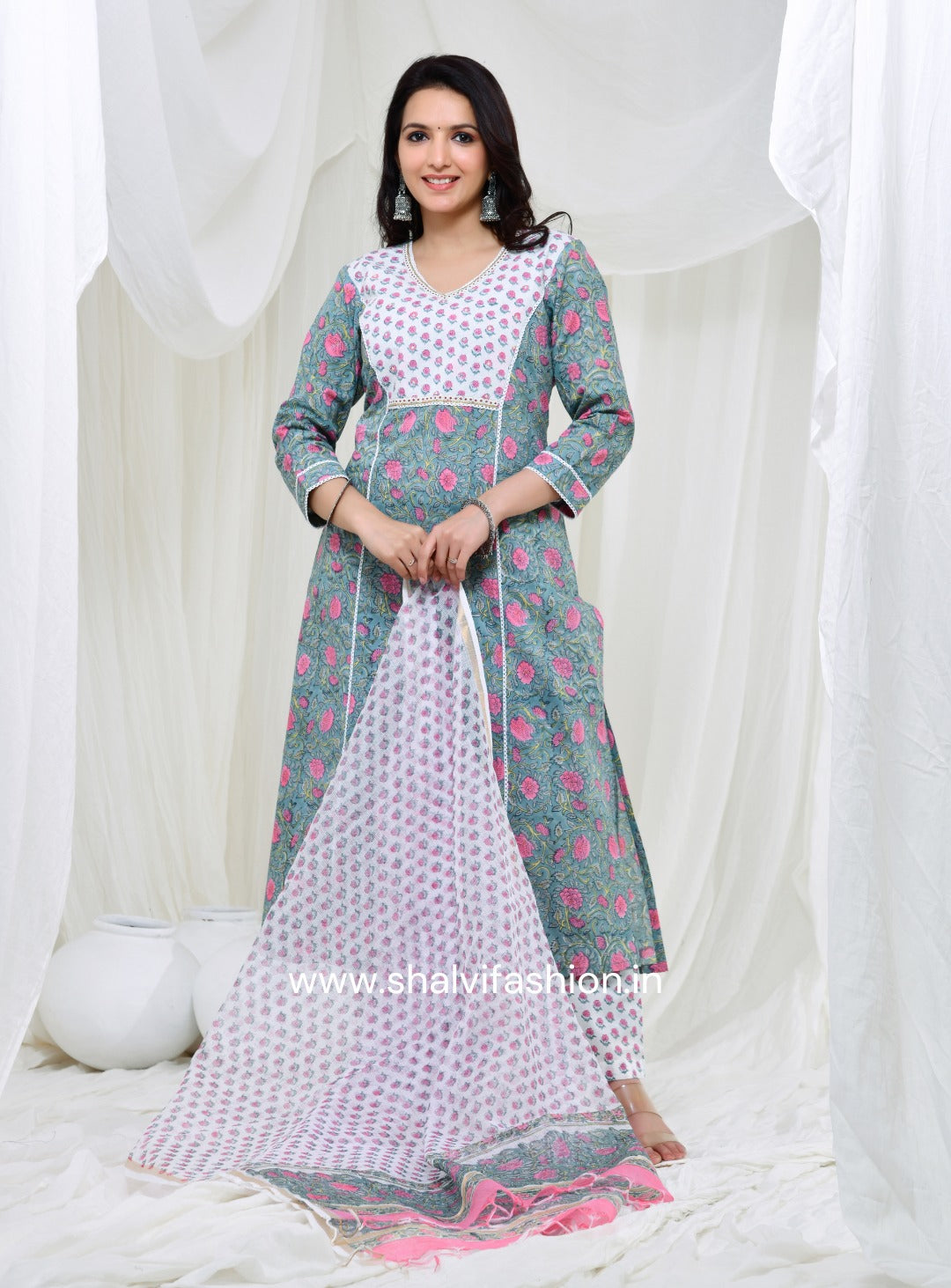 Shop jaipuri print cotton suits with kota dupatta (CSS128KD)