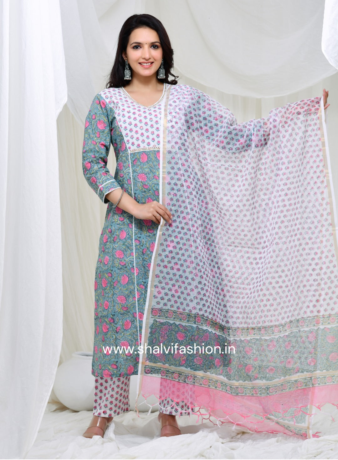 Shop jaipuri print cotton suits with kota dupatta (CSS128KD)