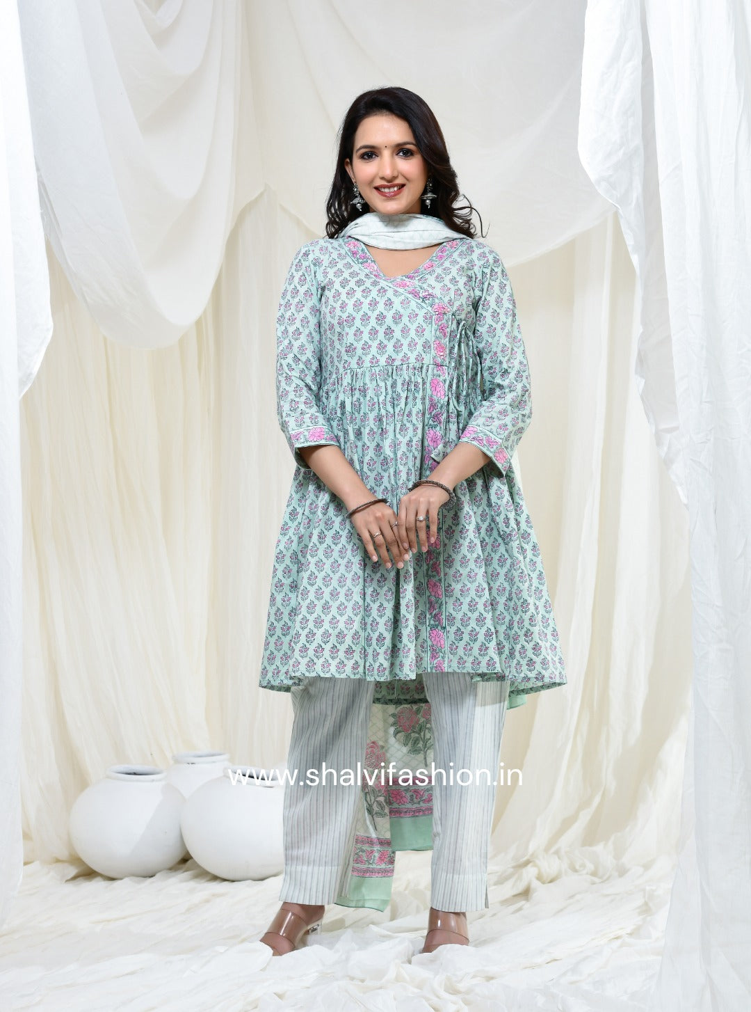 Shop hand block print cotton suits with mulmul dupatta (CSS130MUL)