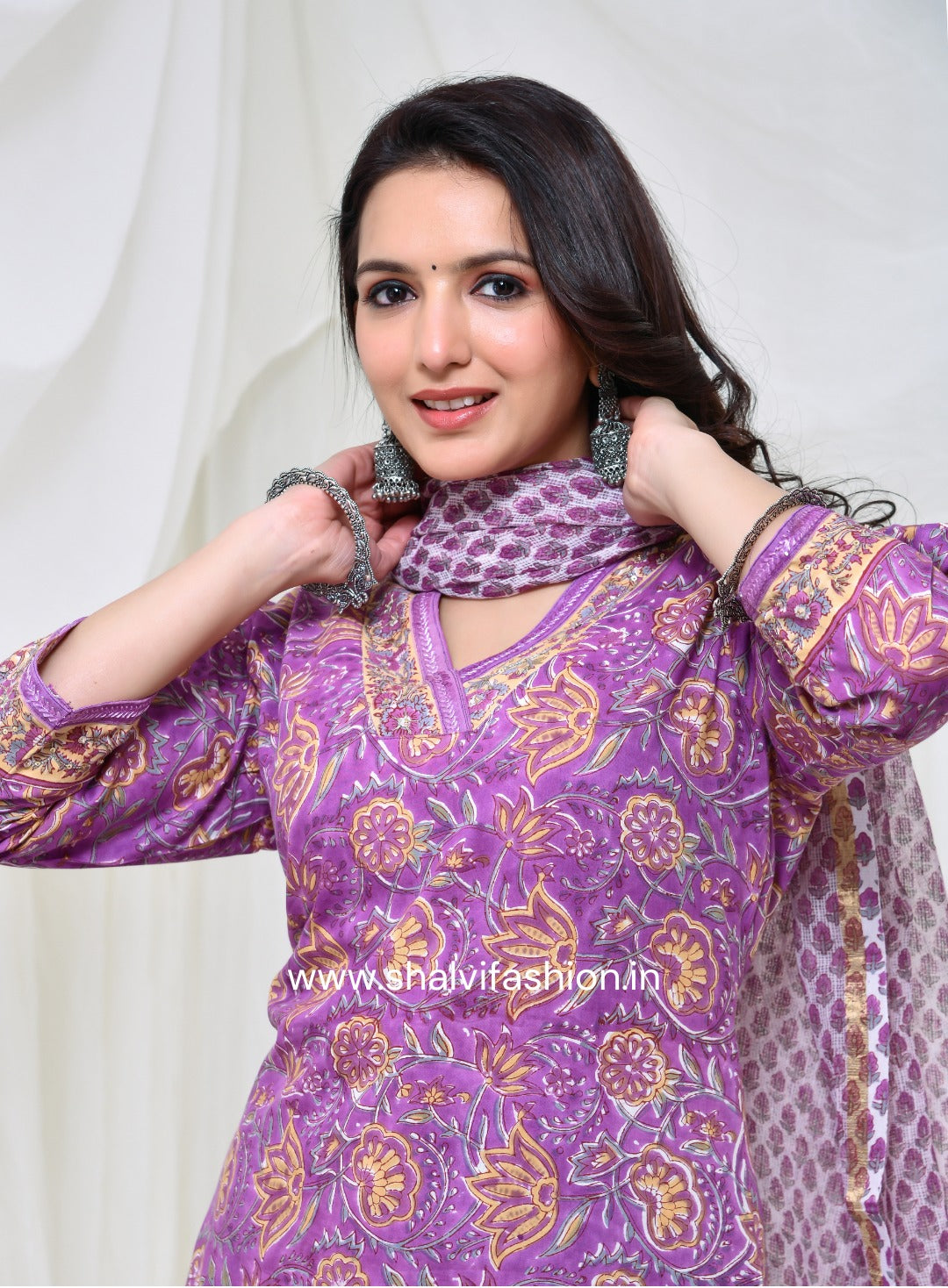 Shop purple base hand block print cotton suits with kota dupatta (CSS137KD)