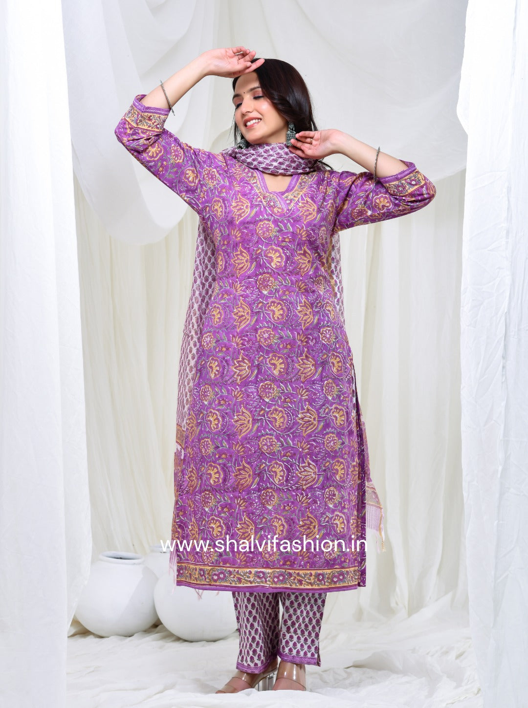 Shop purple base hand block print cotton suits with kota dupatta (CSS137KD)