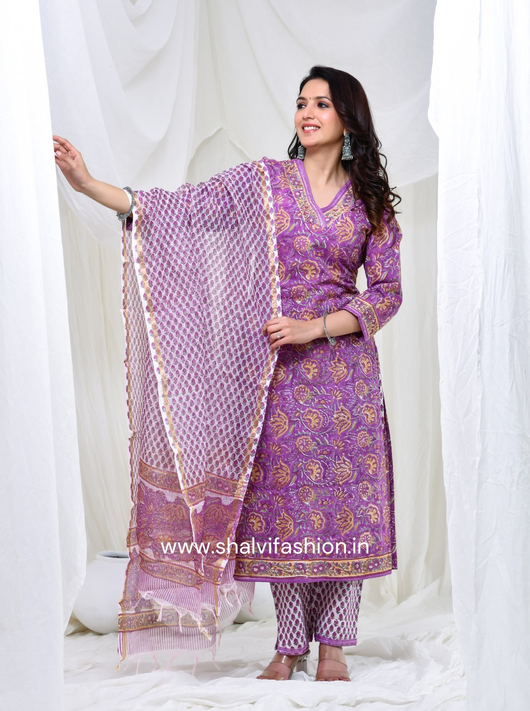 Shop purple base hand block print cotton suits with kota dupatta (CSS137KD)
