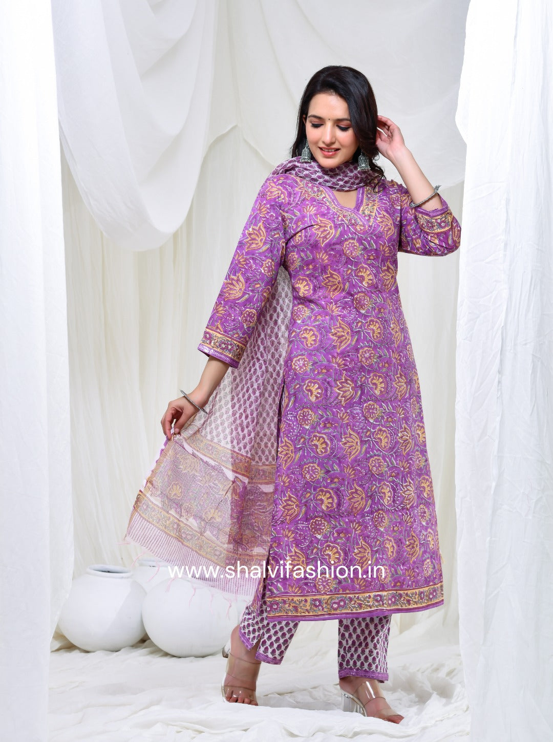 Shop purple base hand block print cotton suits with kota dupatta (CSS137KD)