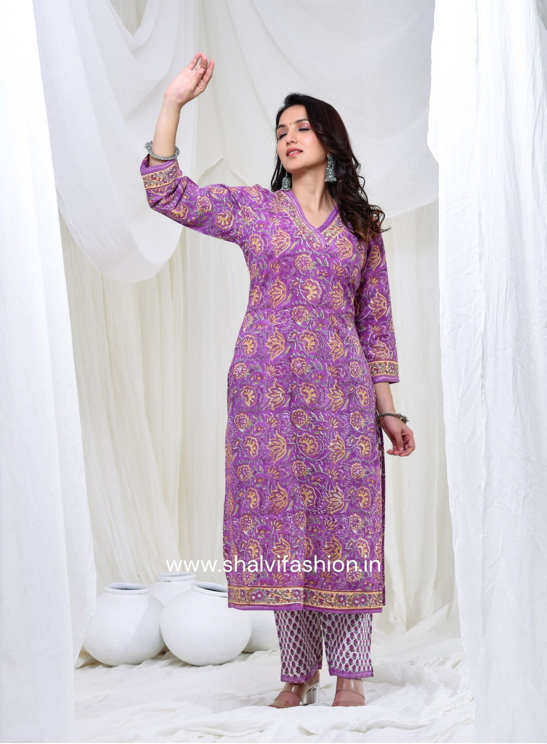 Shop purple base hand block print cotton suits with kota dupatta (CSS137KD)