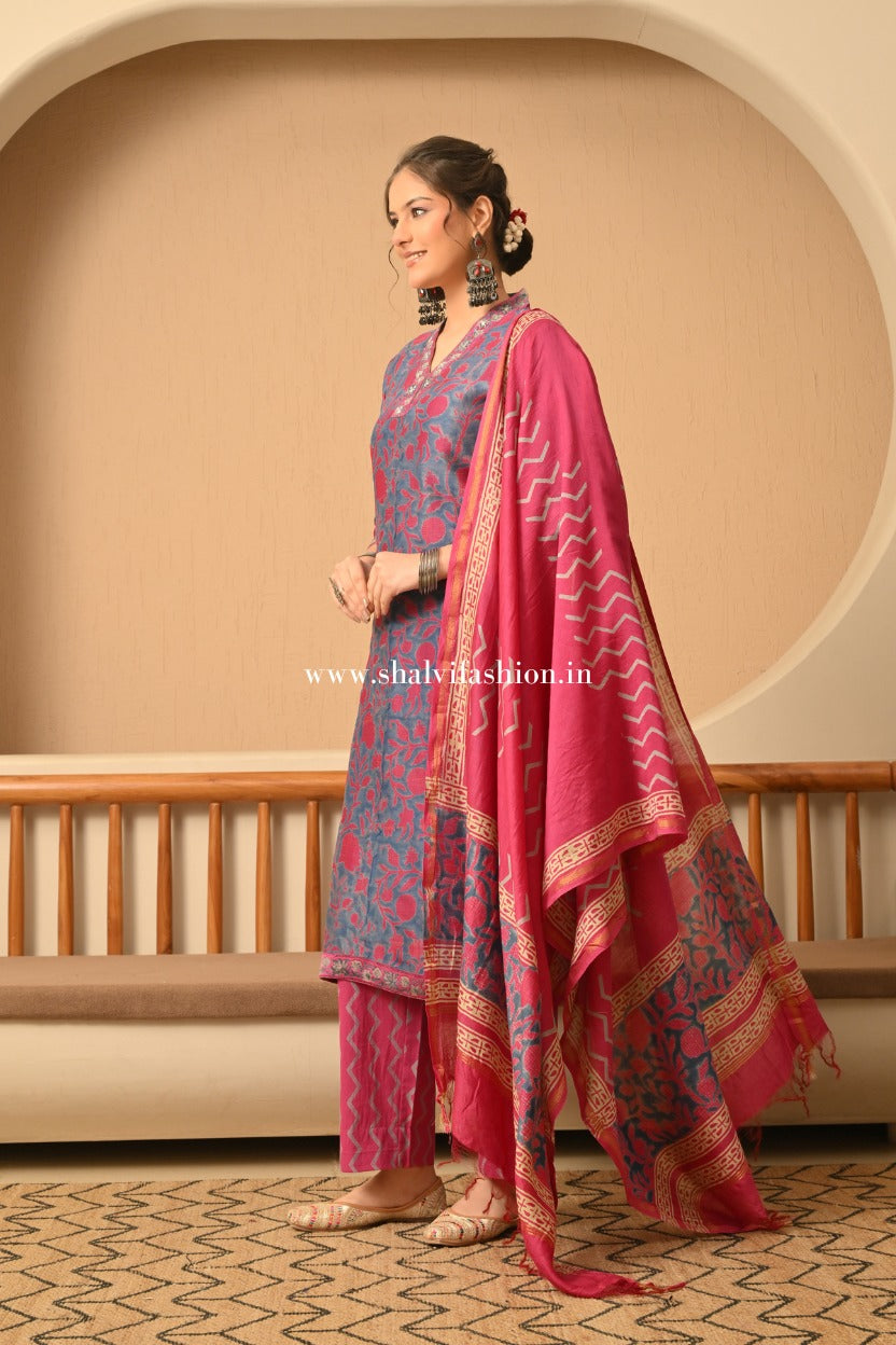 Shop block print chanderi silk suits in jaipur (CSS170)