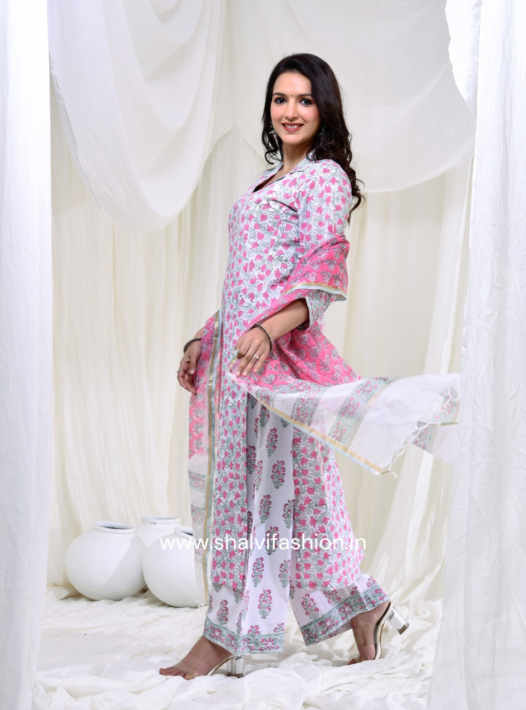 Shop block printed cotton suits with kota dupatta (CSS174KD)