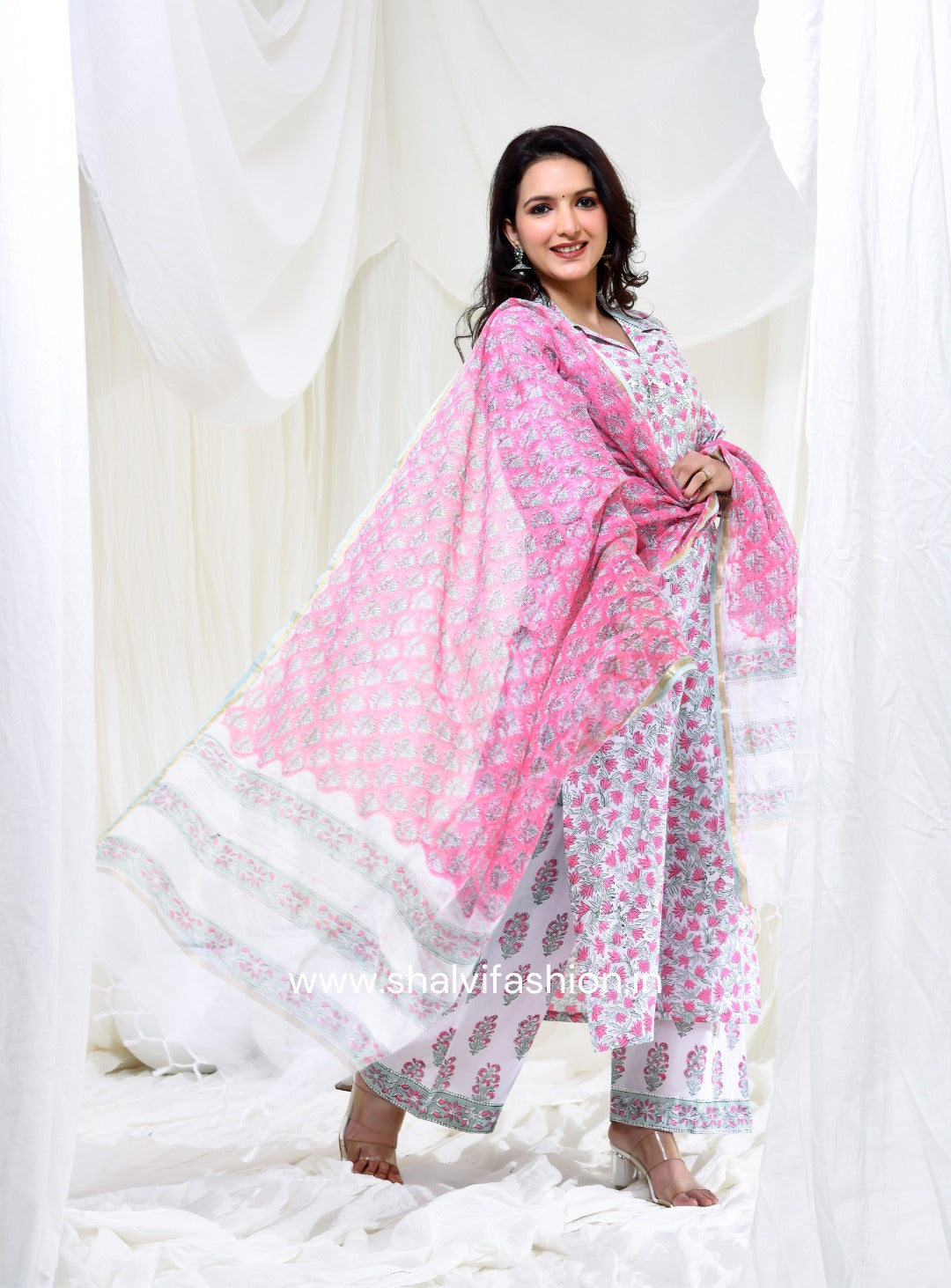 Shop block printed cotton suits with kota dupatta (CSS174KD)