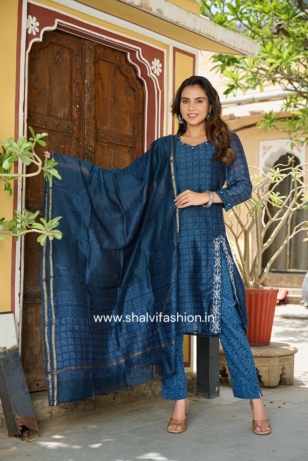 Shop block print chanderi silk suits (CSS196)