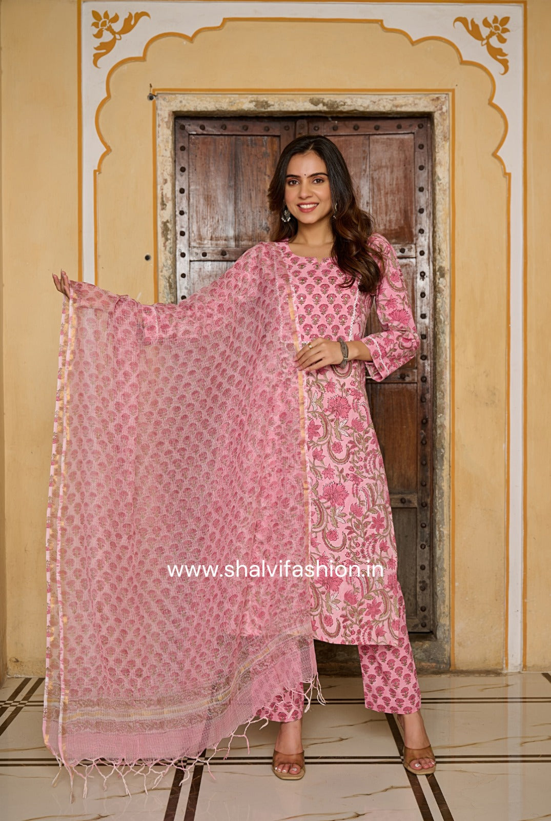 Bahar Hand Block Print Cotton Suit Set with Kota Doria Dupatta (CSS215KD)