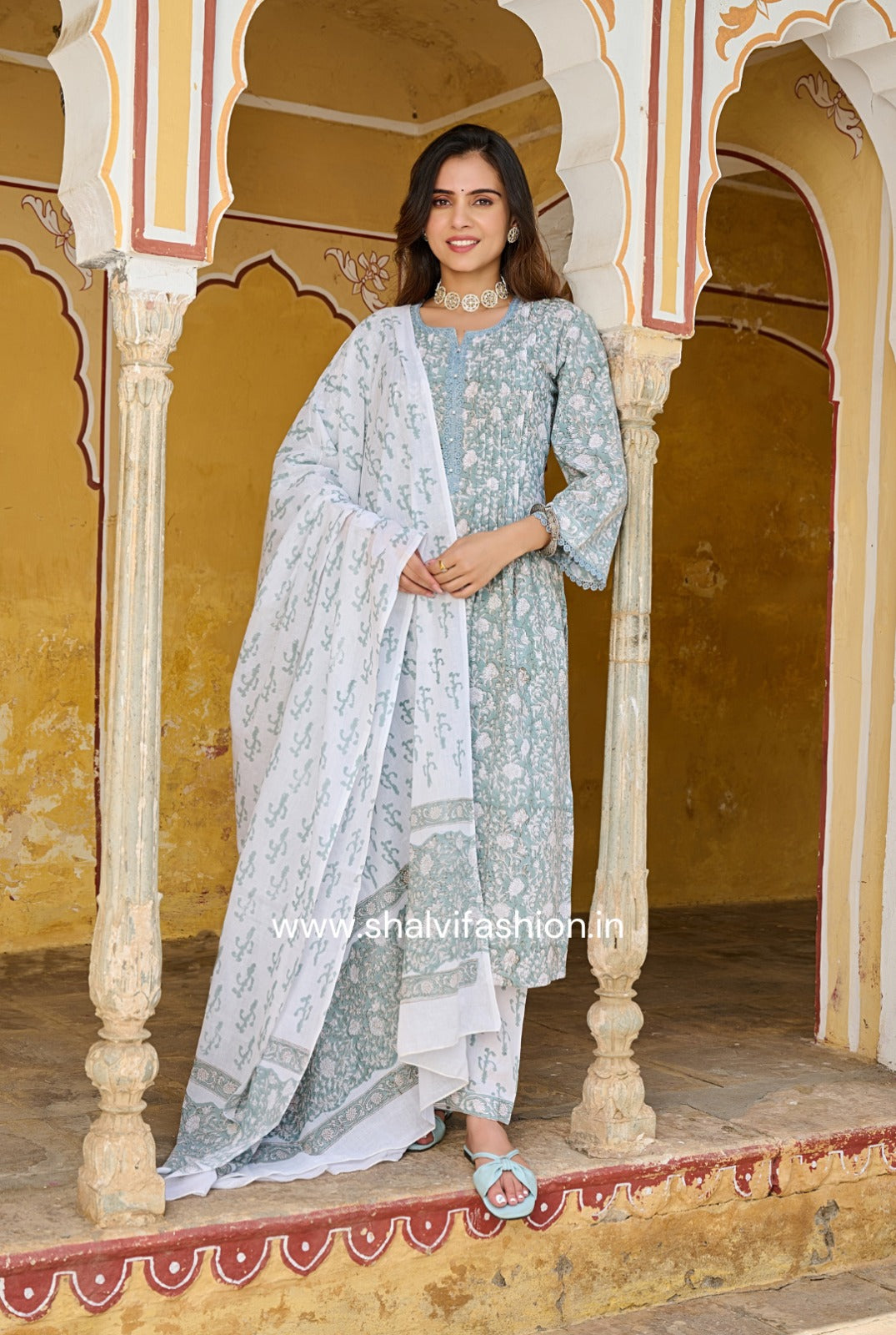 Shop block printed kota dupatta cotton suits online (CSS219KD)
