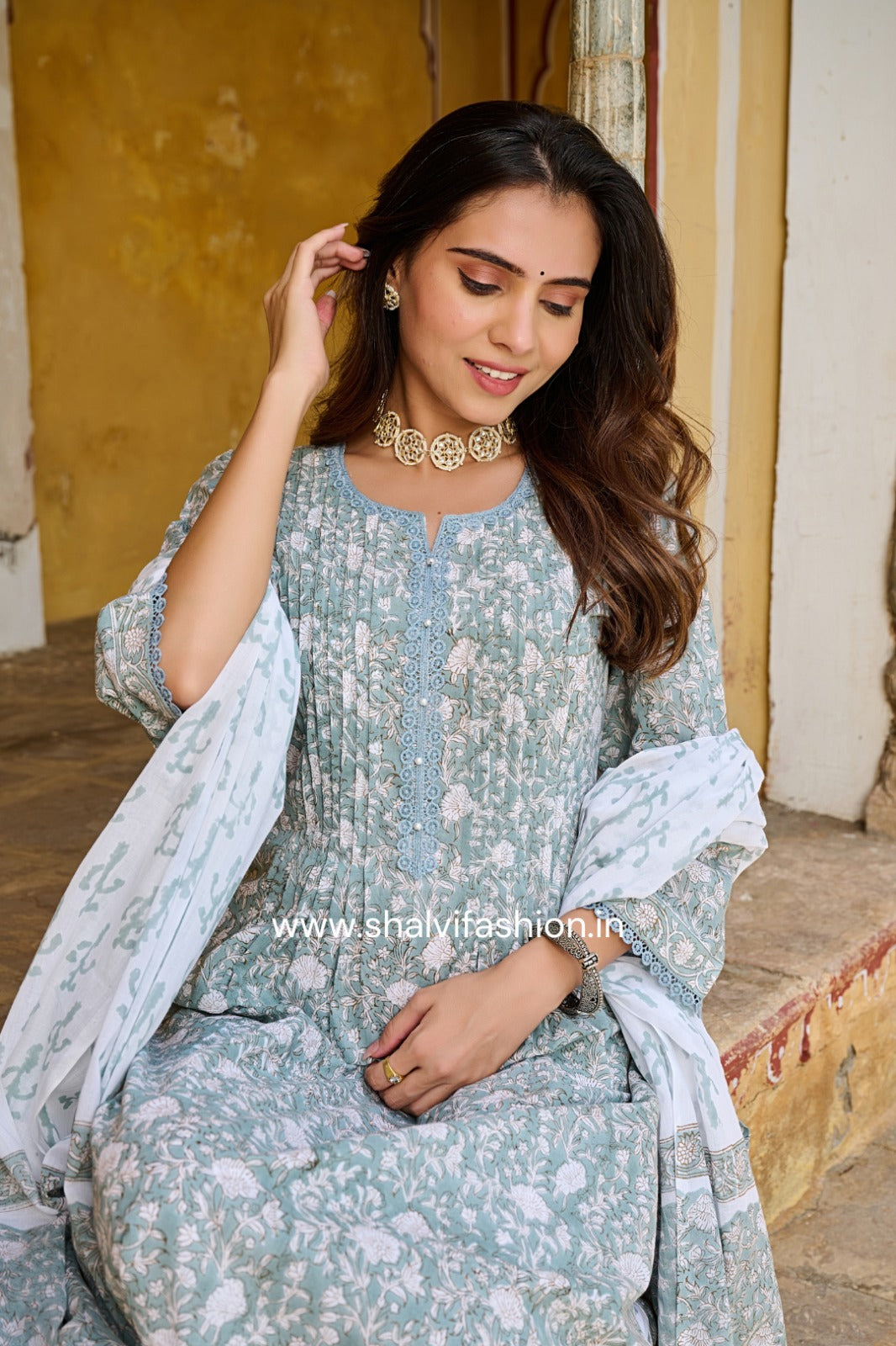 Shop block printed kota dupatta cotton suits online (CSS219KD)