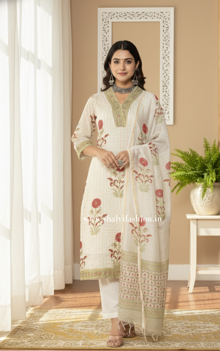 Exclusive Hand Block Print Mulmul Chanderi Suit Set (CSS232)
