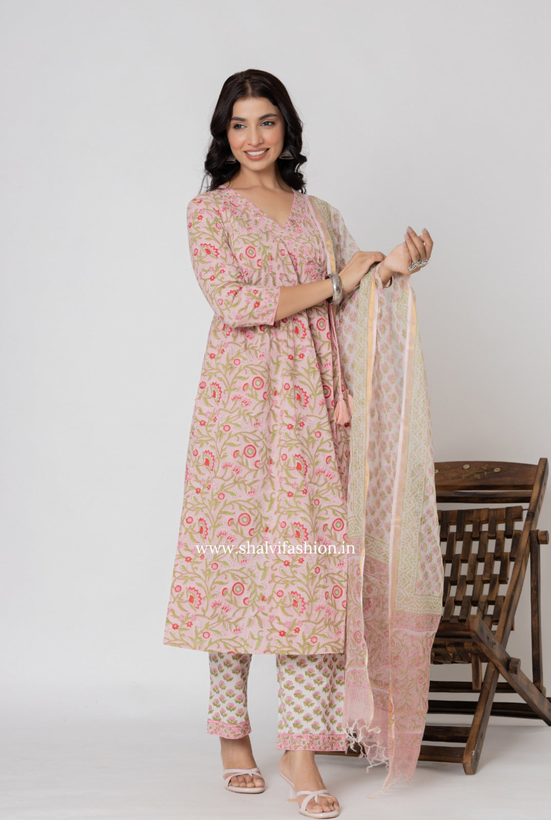 Sehera Hand Block Print Cotton Suit Set with Kota Doria Dupatta (CSS276)