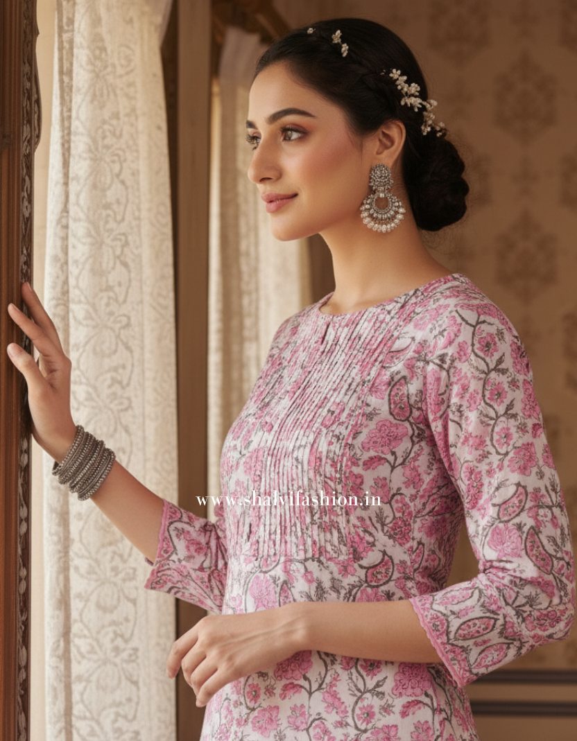 Meher Hand Block Print Cotton Suit Set with Kota Doria Dupatta (CSS282)