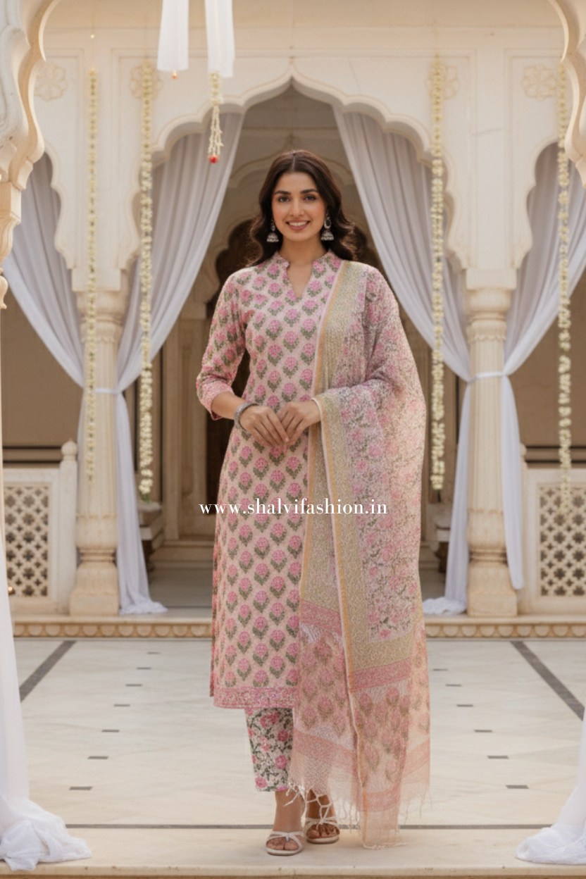 Shop jaipuri printed cotton suits with kota doria dupatta (CSS286)