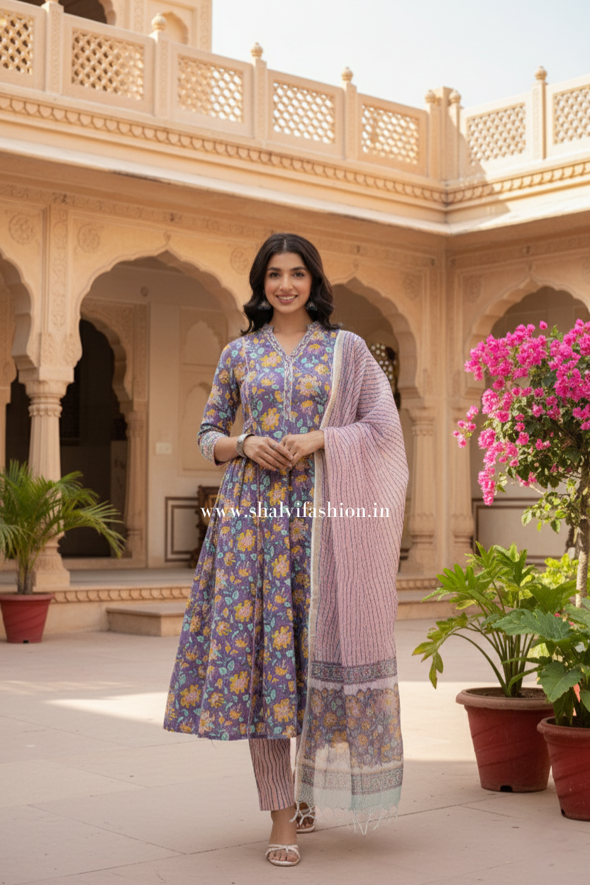 Shop block printed cotton suits with kota dupatta (CSS315)