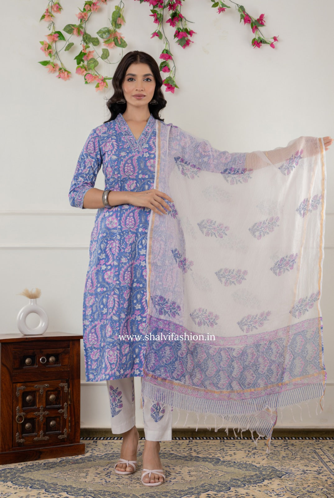 Shop block printed cotton suits with kota dupatta (CSS330)