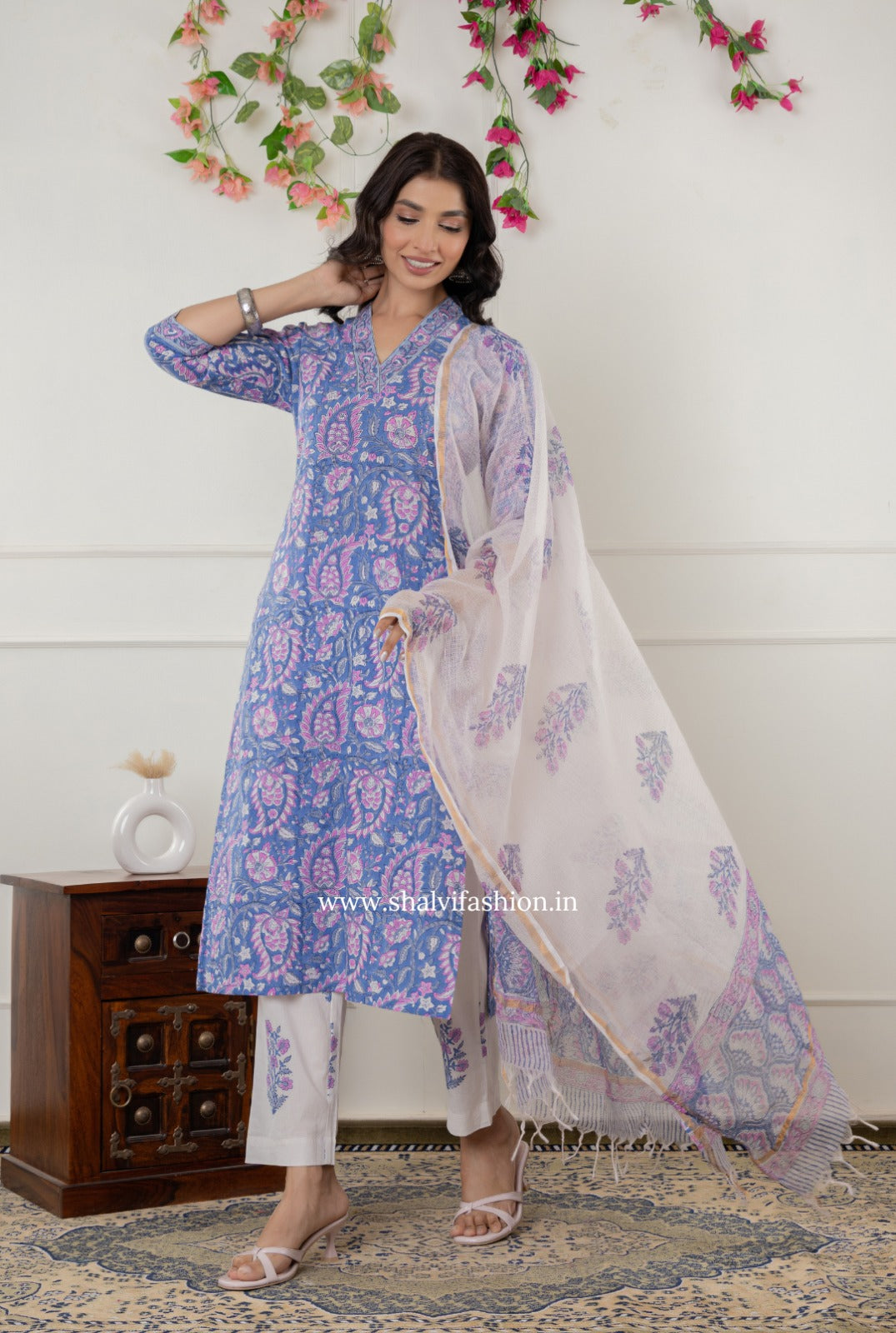 Shop block printed cotton suits with kota dupatta (CSS330)
