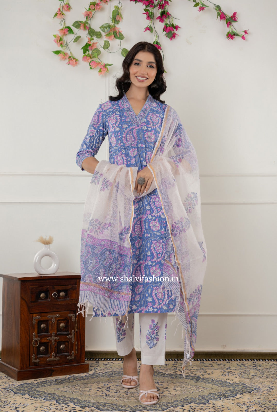 Shop block printed cotton suits with kota dupatta (CSS330)
