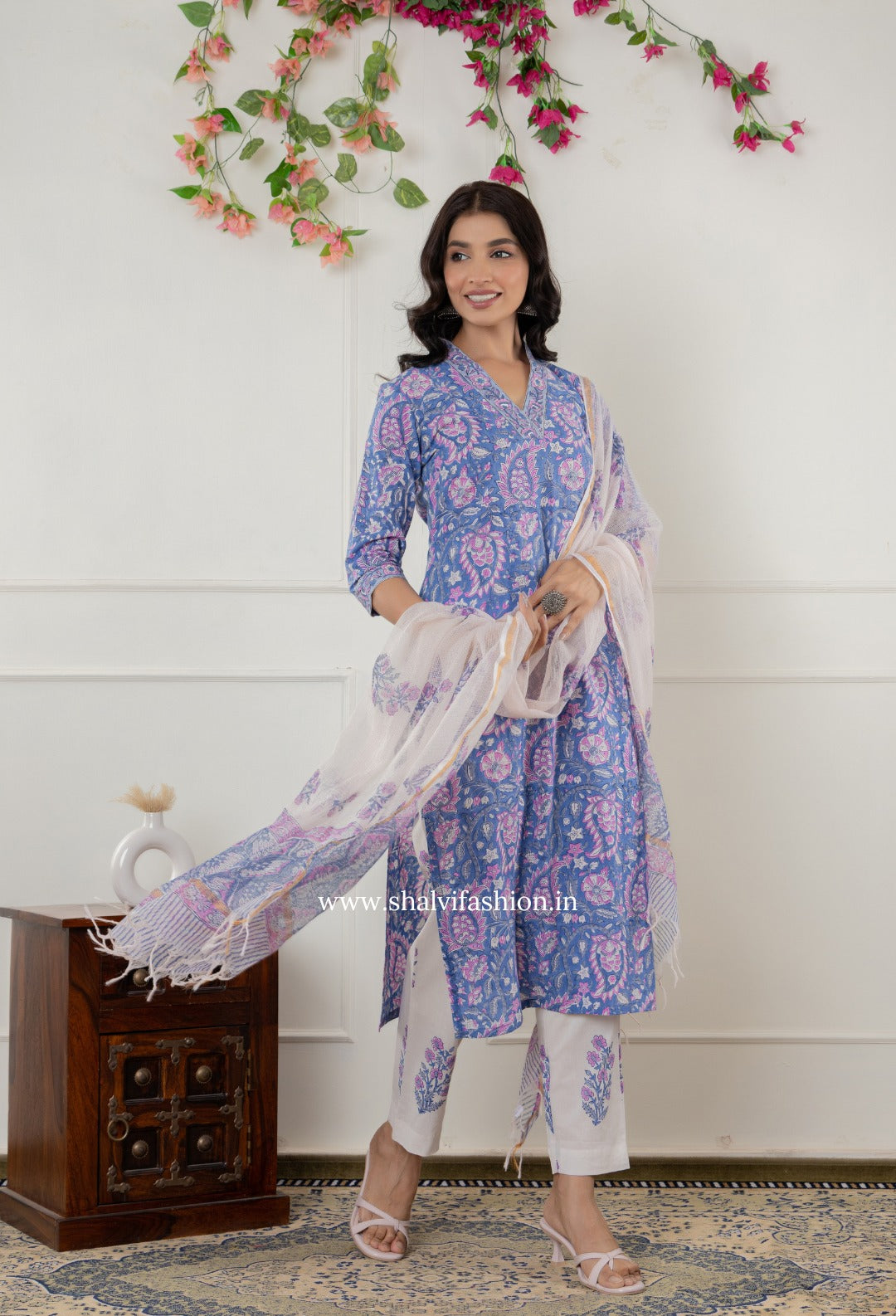 Shop block printed cotton suits with kota dupatta (CSS330)
