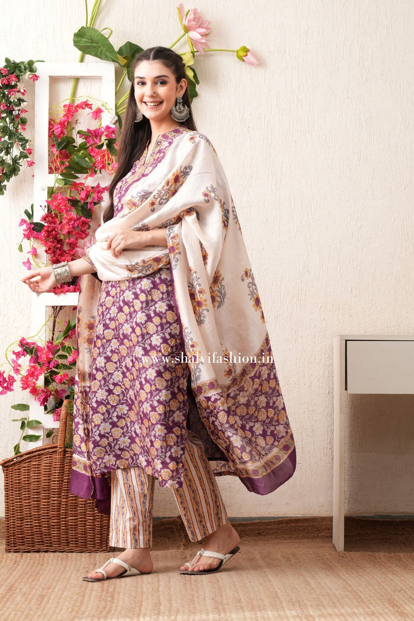 Shop block print chanderi silk suits online (CSS373)