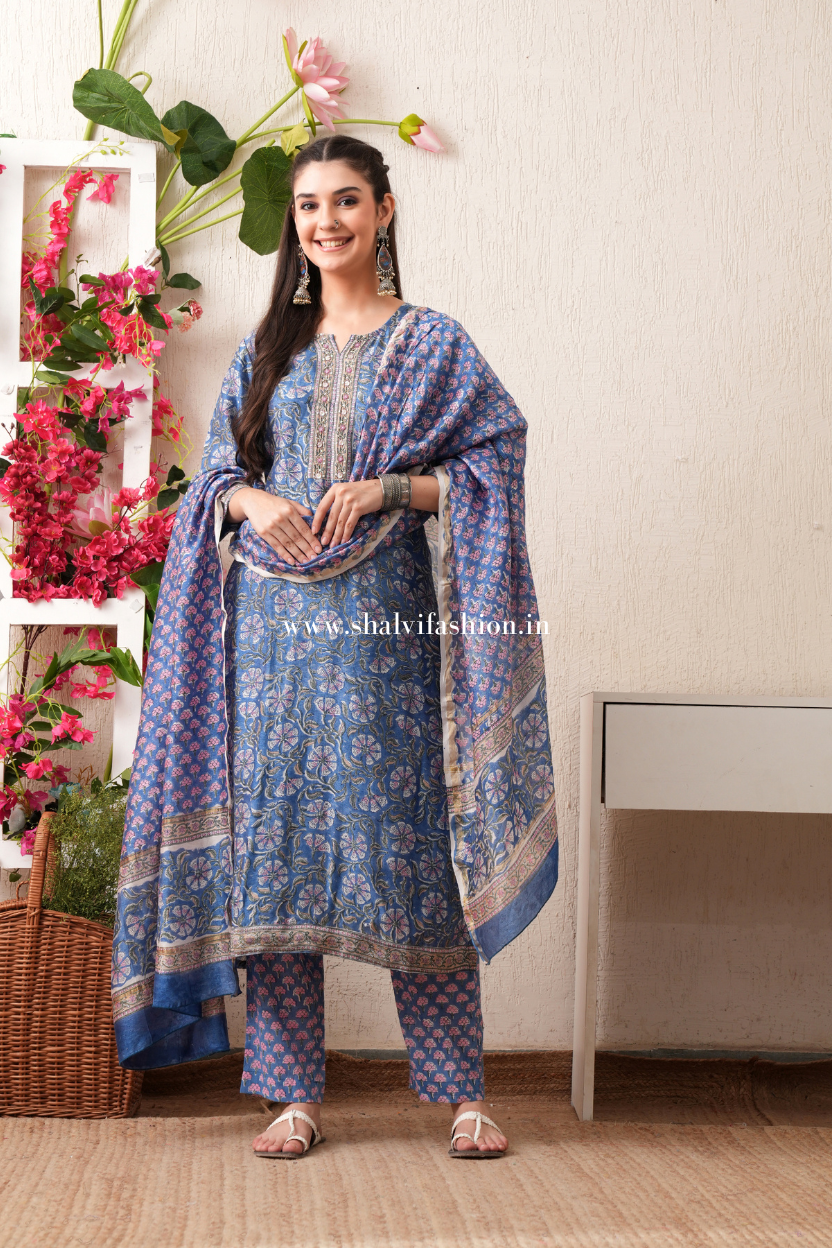 Shop block print chanderi silk suits online (CSS374)