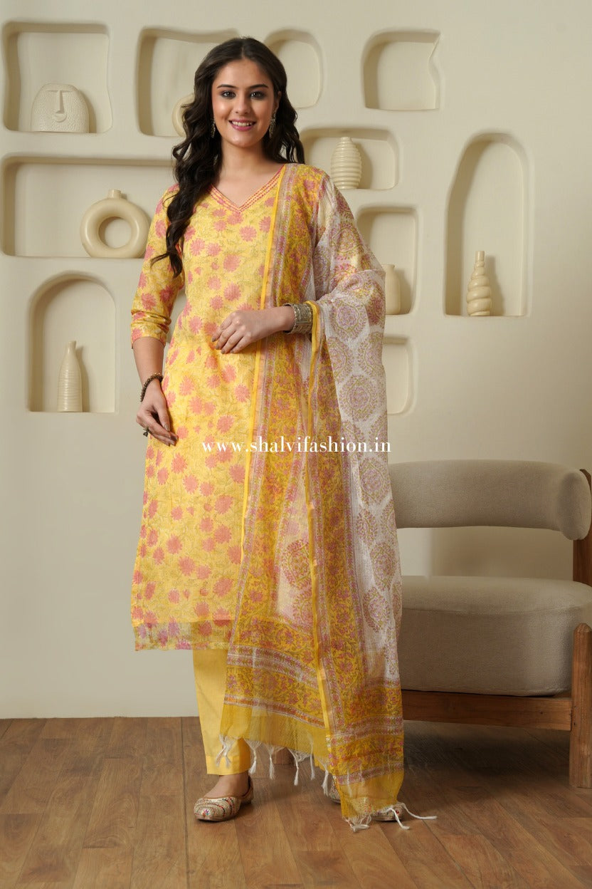 Shop block printed kota doria suits online shopping (CSS379)