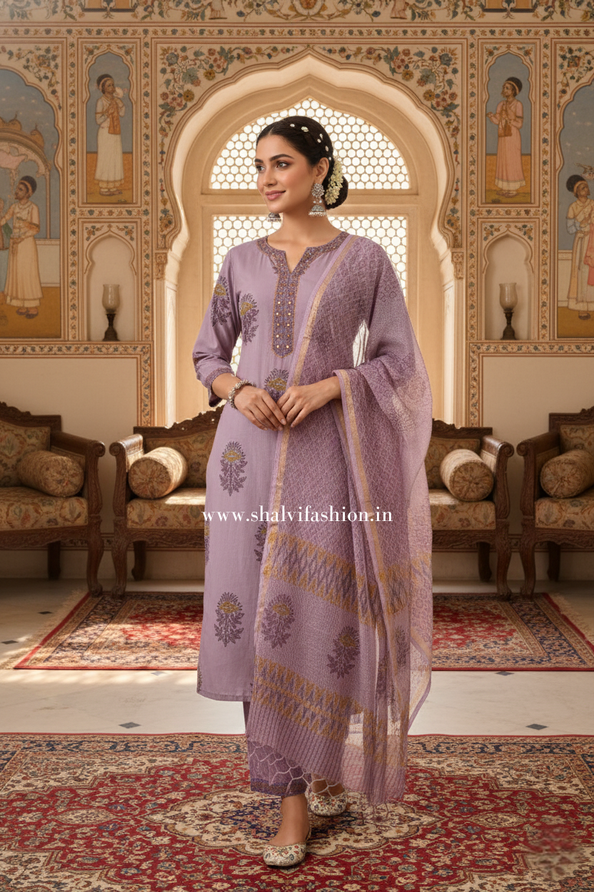 Shop hand block print cotton suits with kota dupatta (CSS385)