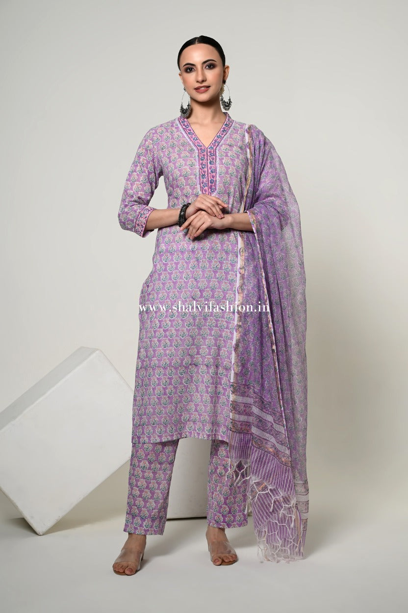 Shop block print kota dupatta cotton suits online (CSS387)