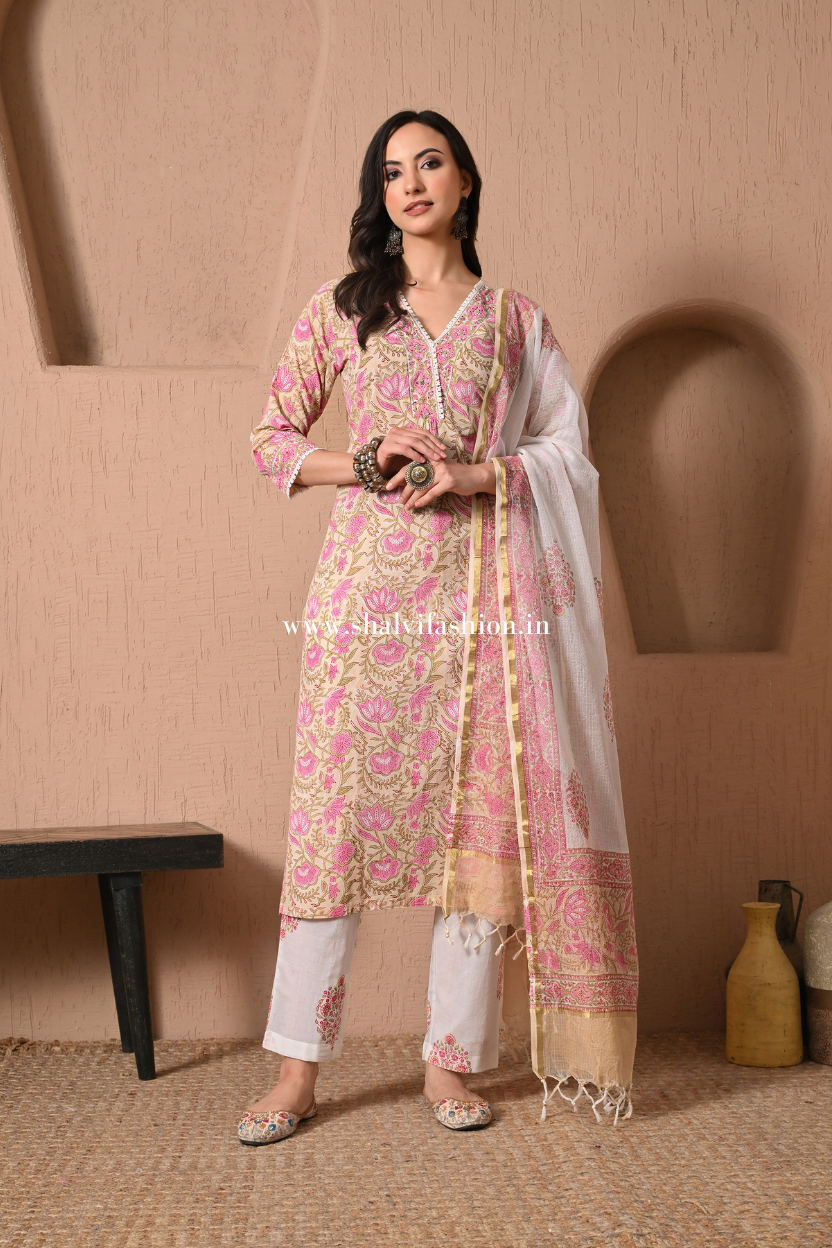 Shop block print cotton suits with kota dupatta (CSS388)