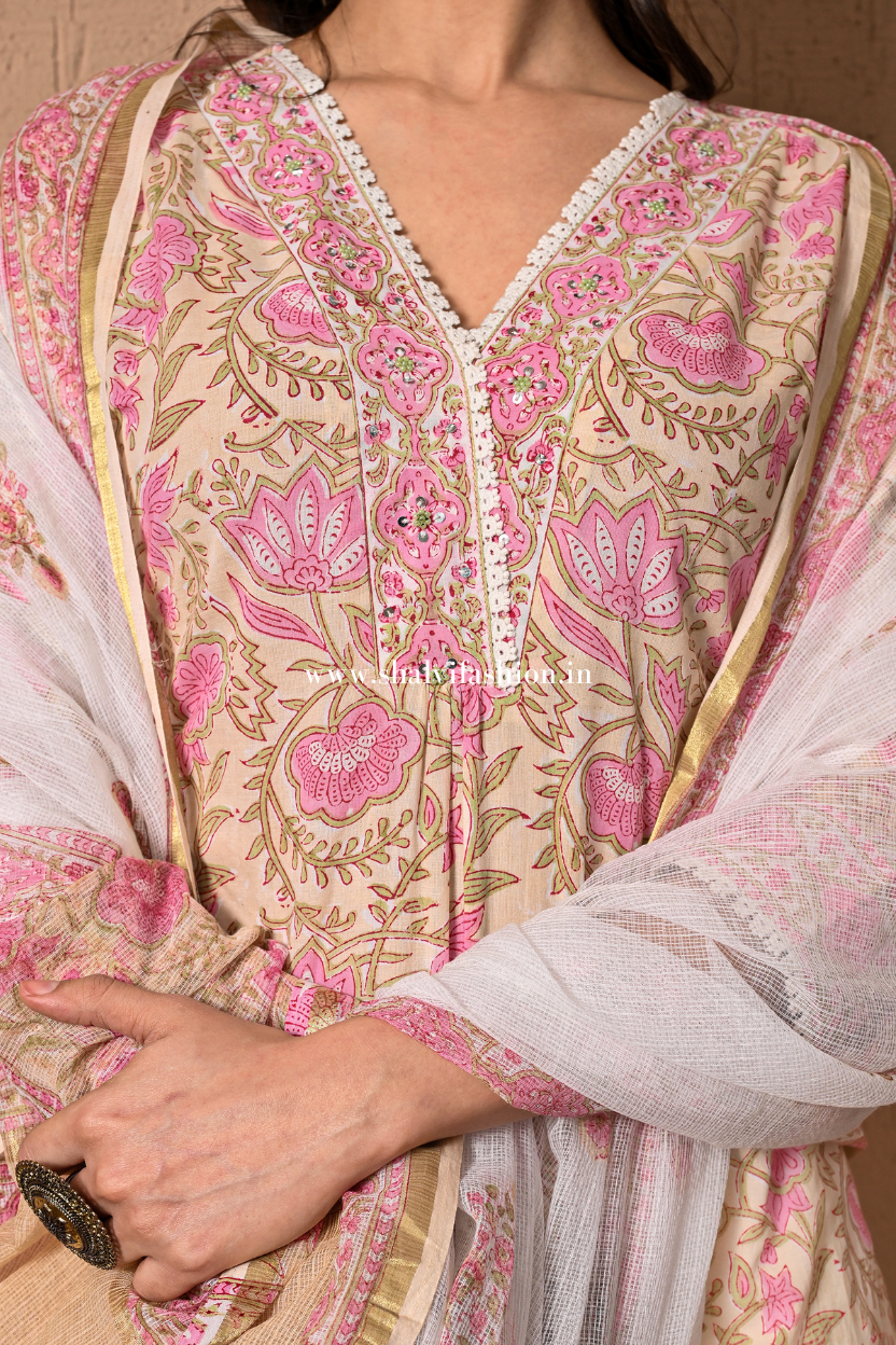 Shop block print cotton suits with kota dupatta (CSS388)