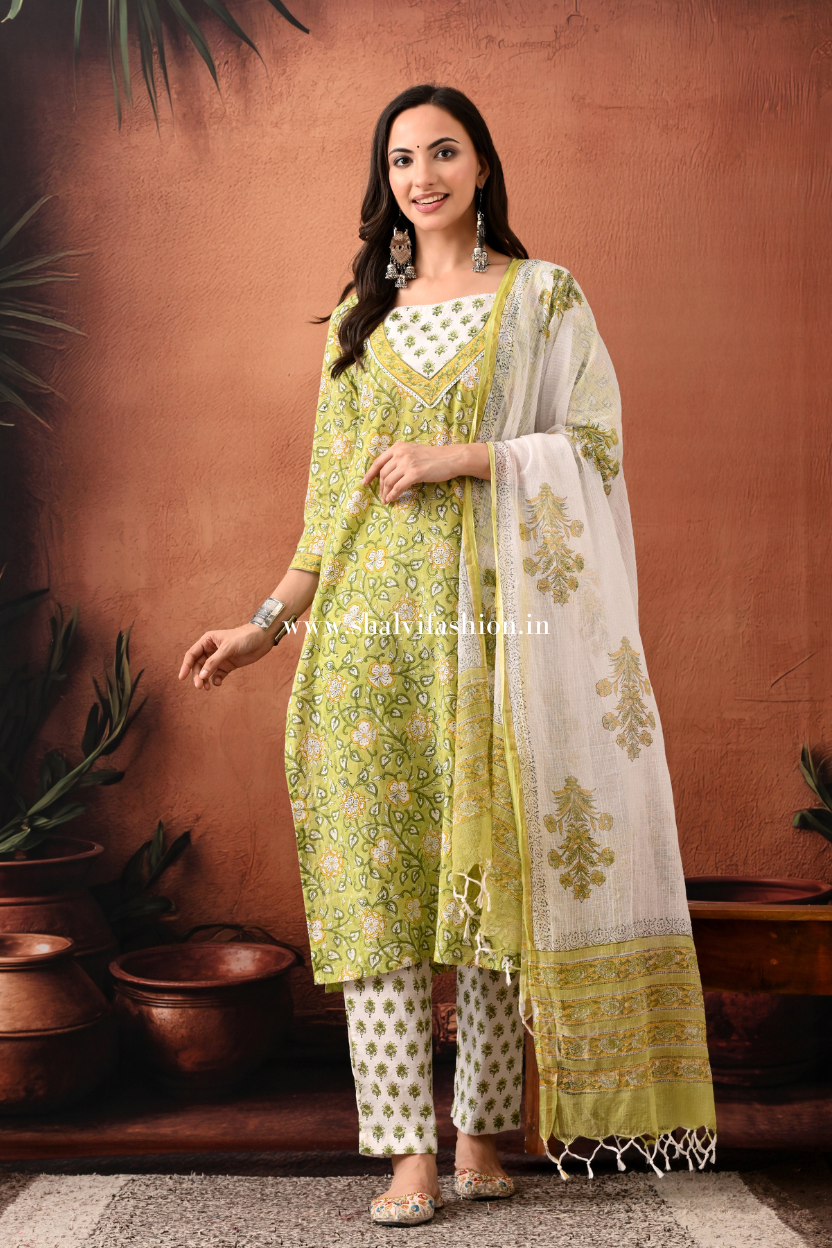 Shop block print cotton suits with kota dupatta (CSS402)
