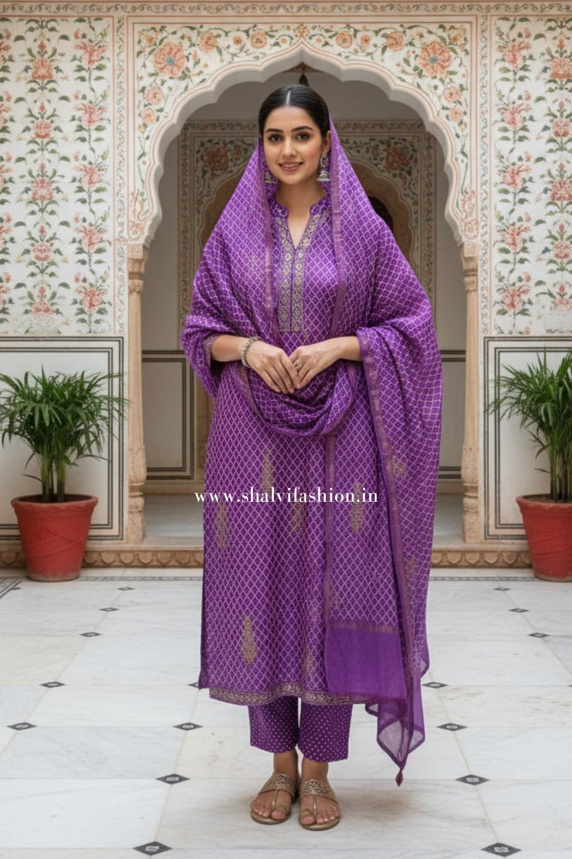 Shop block printed chanderi silk suits in jaipur (CSS442)