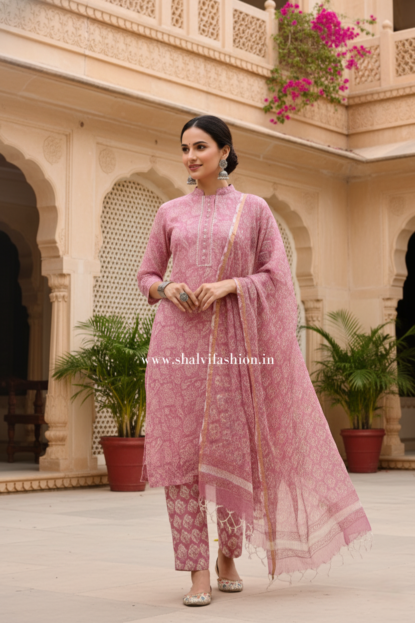 Shop hand block print pure cotton suits with kota doria dupatta (CSS450)
