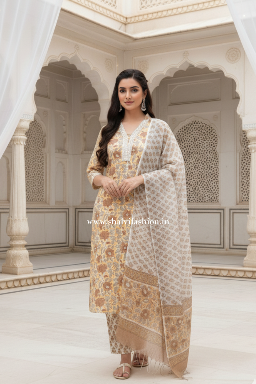 Shop hand block print pure cotton suits with kota  doria dupatta (CSS450)