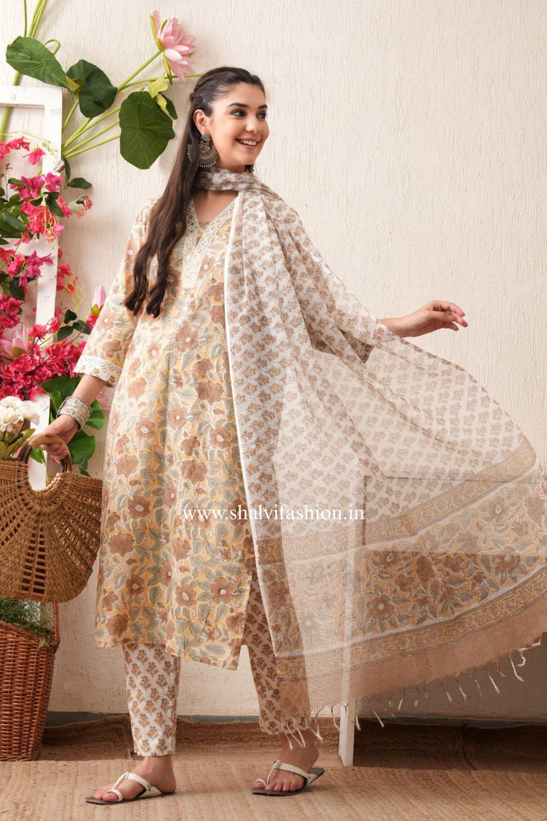 Shop hand block print pure cotton suits with kota doria dupatta (CSS450)