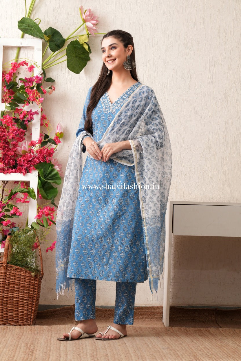Shop block print pure cotton suits with kota dupatta (CSS470)
