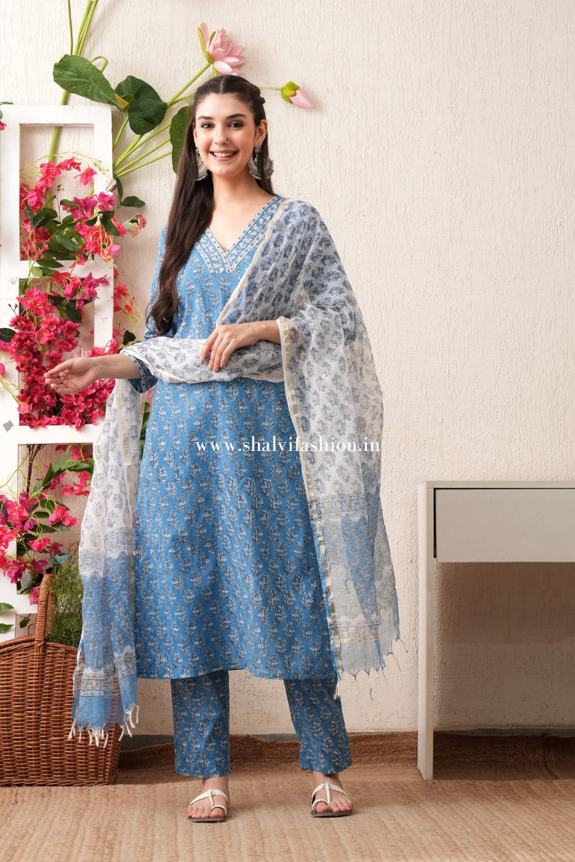 Shop block print pure cotton suits with kota dupatta (CSS470)