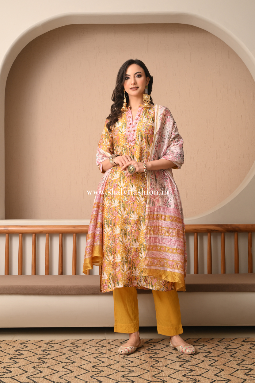 Shop hand block print chanderi silk suits in jaipur (CSS483)